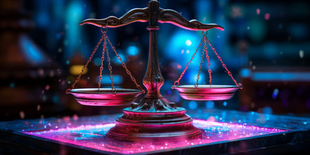 Scales of justice with a futuristic neon light background.の素材