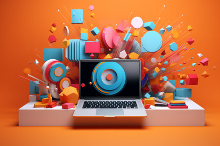 Vibrant 3D illustration of a creative workspace with floating geometric shapes and bright colors.の素材