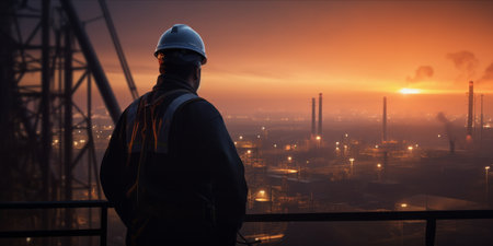 A worker in safety gear overlooking an industrial construction site at dawn.の素材