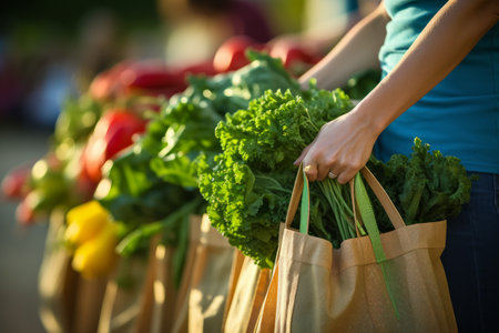 Close up of a personâs hand carrying canvas grocery bags filled with fresh produce at a farmerâs market.の素材