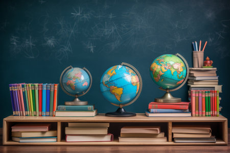 Classic educational setup with globes, books, and colored pencils on a teacher desk.の素材