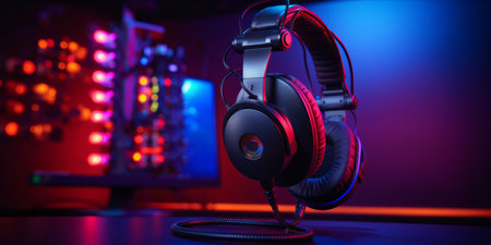 Professional microphone and headphones in a studio with vibrant neon lighting.の素材