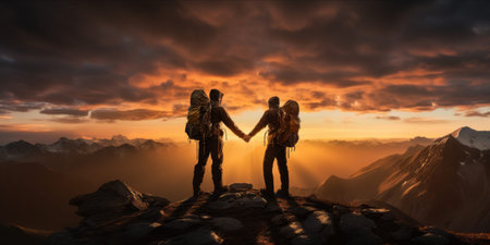 Two hikers on a mountain ridge at sunrise, one reaching out to help the other.の素材