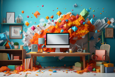 Vibrant 3D illustration of a creative workspace with floating geometric shapes and bright colors.の素材