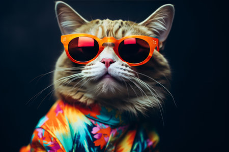 A whimsical image of a cat wearing sunglasses and a colorful shirt, posed as if dancing.の素材