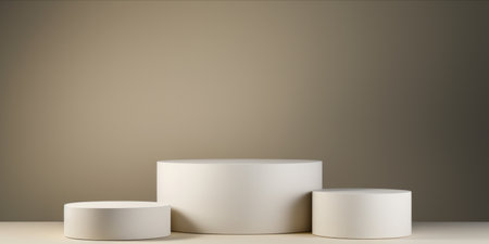 Minimalistic design of white cylindrical podiums against a plain background.の素材