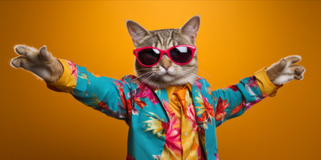 A whimsical image of a cat wearing sunglasses and a colorful shirt, posed as if dancing.の素材