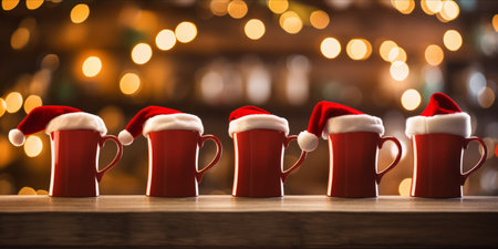 A line of coffee mugs wearing Santa hats on a wooden surface with festive lights in the background.の素材