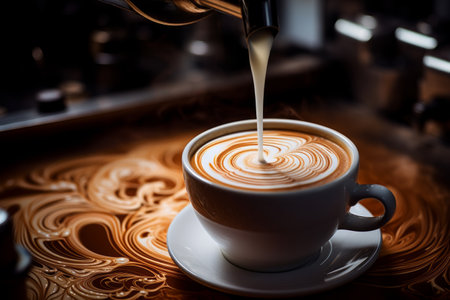Artful pouring of milk into a coffee cup creating a latte art design.の素材