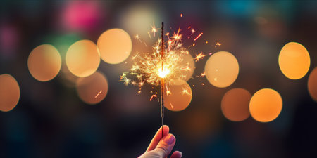 A sparkling sparkler against a bokeh light background, conveying celebration and festivity.の素材