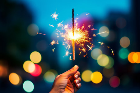 A sparkling sparkler against a bokeh light background, conveying celebration and festivity.の素材