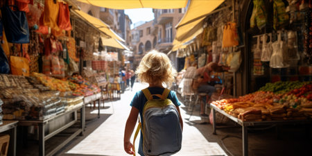 Child walking through a sunny market street with a backpack.の素材