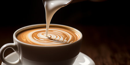 Artful pouring of milk into a coffee cup creating a latte art design.の素材