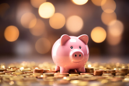 Pink piggy bank surrounded by piles of coins, warm bokeh lights in the background.の素材