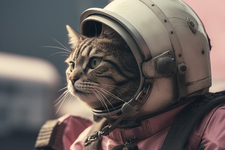 A cat headed astronaut in a space suit holding a helmetの素材
