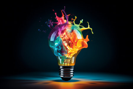 A lightbulb bursting with colorful splashesの素材