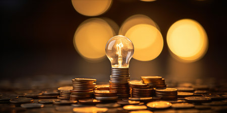 Glowing lightbulb on a pile of coins with bokeh backgroundの素材