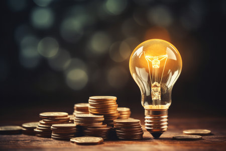 Glowing lightbulb on a pile of coins with bokeh backgroundの素材