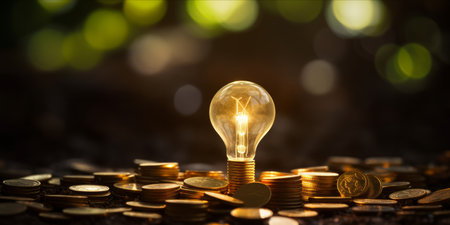 Glowing lightbulb on a pile of coins with bokeh backgroundの素材
