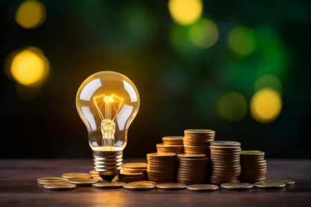 Glowing lightbulb on a pile of coins with bokeh backgroundの素材