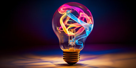 A glowing lightbulb surrounded by dynamic colored swirlsの素材