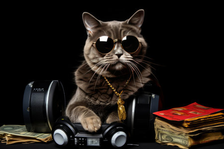 Cat in sunglasses and headphones holding cashの素材