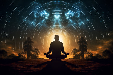Silhouette of a person meditating with cosmic energy and celestial bodies aroundの素材