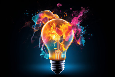 A lightbulb bursting with colorful splashesの素材