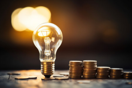 Glowing lightbulb on a pile of coins with bokeh backgroundの素材