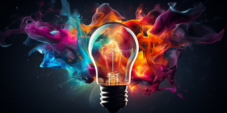 A lightbulb bursting with colorful splashesの素材
