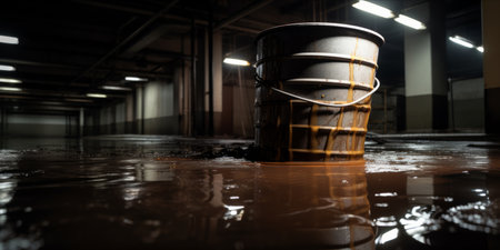 Overturned bucket with water spill in a dimly lit corridorの素材