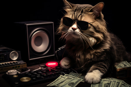 Cat in sunglasses and headphones holding cashの素材