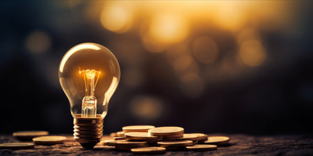 Glowing lightbulb on a pile of coins with bokeh backgroundの素材