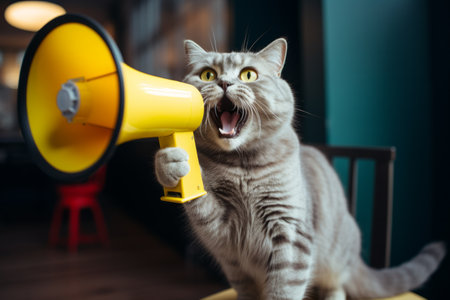 A gray cat roaring into a yellow megaphoneの素材
