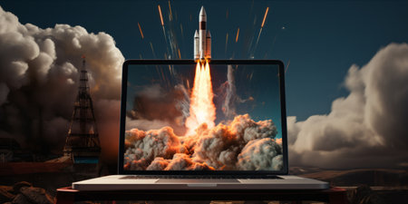 Rocket launching from a laptop screen creating a cloud explosionの素材