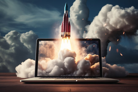 Rocket launching from a laptop screen creating a cloud explosionの素材
