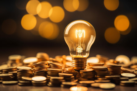Glowing lightbulb on a pile of coins with bokeh backgroundの素材