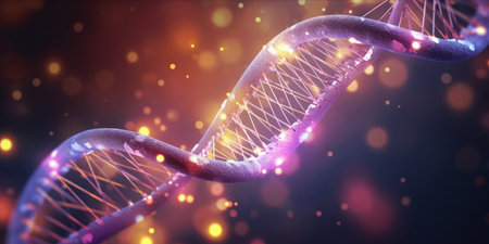 Digital illustration of a glowing DNA double helix with particlesの素材