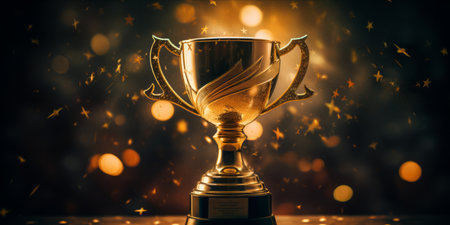 Golden trophy cup with star and sparkling effectsの素材