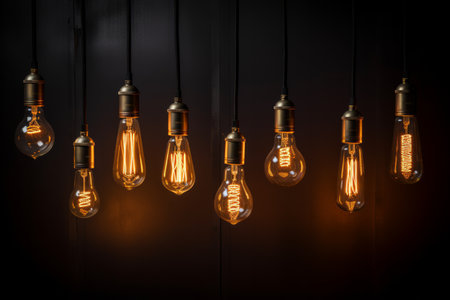 Various styles of glowing filament light bulbs against a dark backgroundの素材