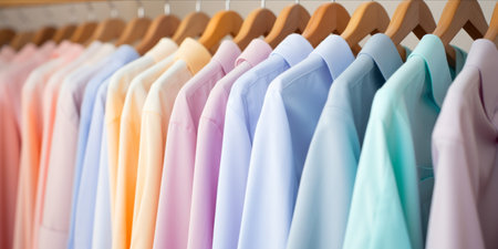 Row of pastel colored shirts on hangersの素材