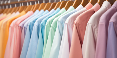 Row of pastel colored shirts on hangersの素材