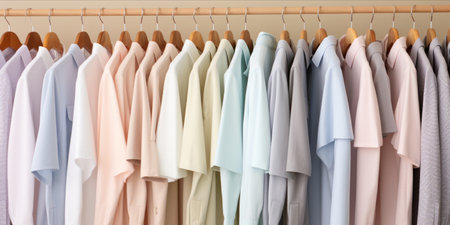 Row of pastel colored shirts on hangersの素材
