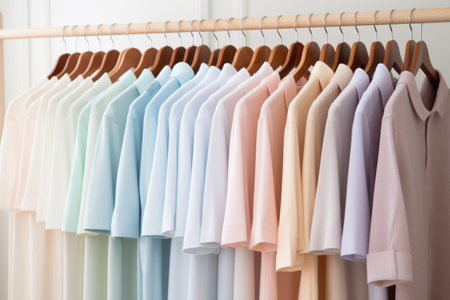 Row of pastel colored shirts on hangersの素材