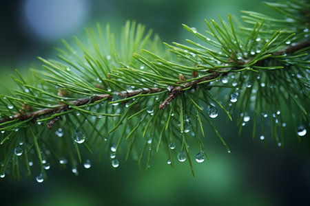 Close up of pine branches with dewdrops and soft lights in the backgroundの素材