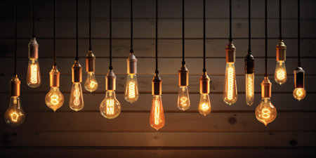 Various styles of glowing filament light bulbs against a dark backgroundの素材