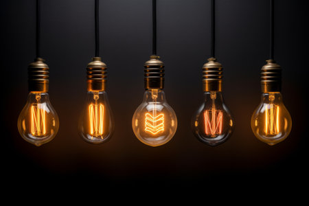 Various styles of glowing filament light bulbs against a dark backgroundの素材
