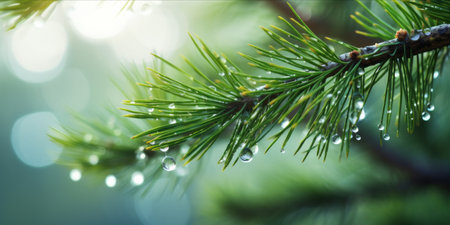 Close up of pine branches with dewdrops and soft lights in the backgroundの素材