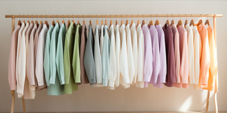 Row of pastel colored shirts on hangersの素材