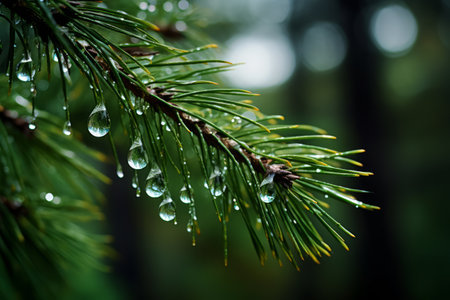 Close up of pine branches with dewdrops and soft lights in the backgroundの素材